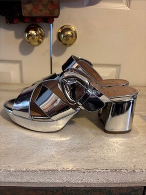 Aerosoles Metallic Silver Platform Slide Sandals with Buckle